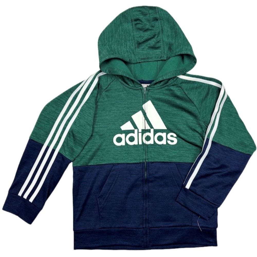 Adidas Boys Track Jacket Sz 7 Green Blue Color Block Logo Full Zip 3 Stripe NEW‎